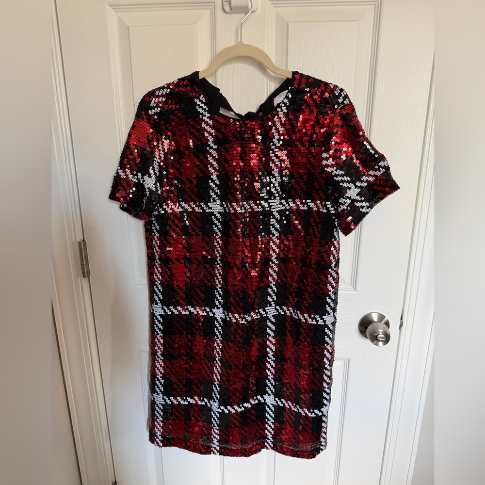UNTUCKit Red and Black Sequin Plaid Mini Dress